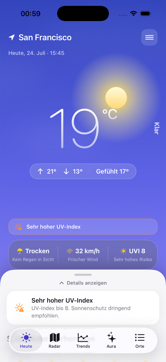 Nimbora auf dem iPhone – Startbildschirm mit lebendigem Himmel